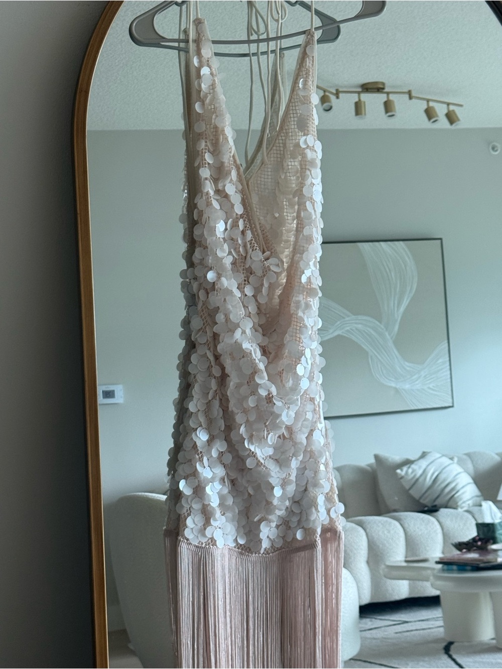 Beige Sequin Fringe Evening Dress - Unbranded